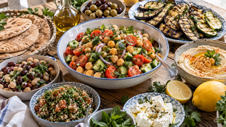 A table of dishes including vegetables, chickpeas, bread and dips.