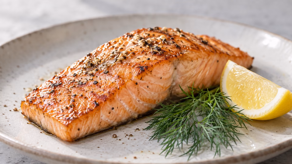 A cooked salmon fillet with lemon and herbs on a plate.