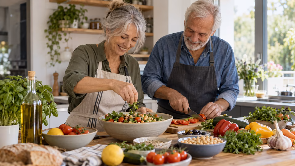 An older couple preparing vegetables together in a kitchen.