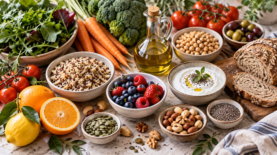 Vegetables, fruit, pulses, grains, seeds and nuts arranged on a table.