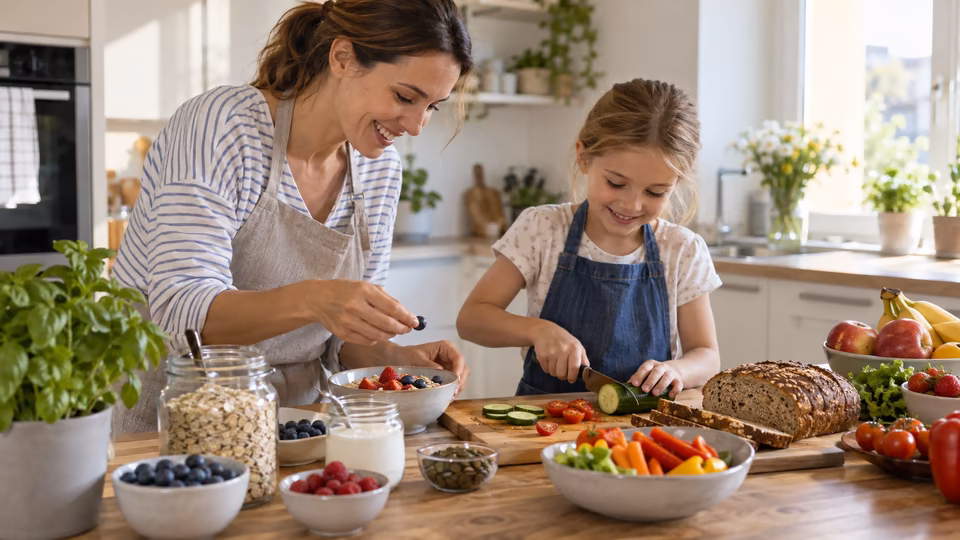 An adult and a child preparing vegetables at a kitchen table.