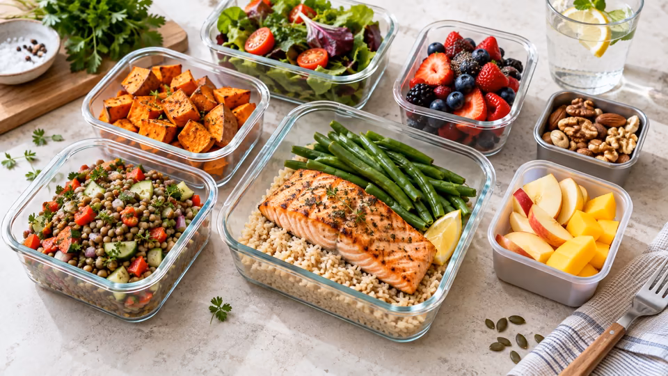 Prepared meals in glass containers with vegetables, grains and fish.