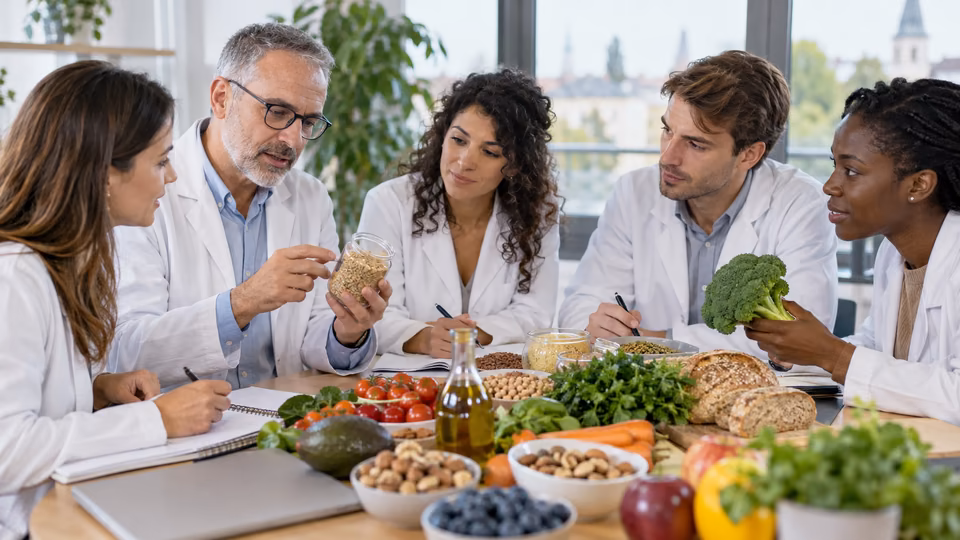 Five people discussing food around a table with vegetables, grains and pulses.