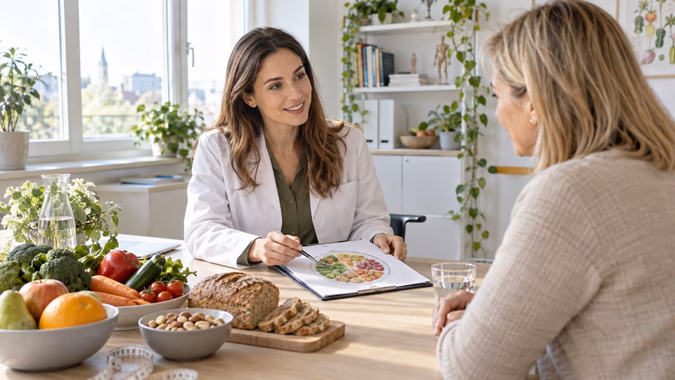 Two women discussing a plate of food at a table.